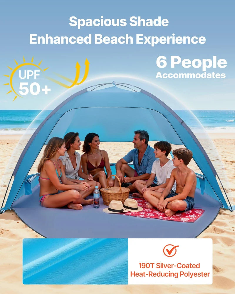 Beach Tent Sun Shelter For 6 Person, UPF 50+ Protection, Portable Sun Shade Canopy With Carrying Bag & Sand Pockets, Lightweight And Easy Setup Beach Umbrella For Camping Fishing Outdoor Picnic