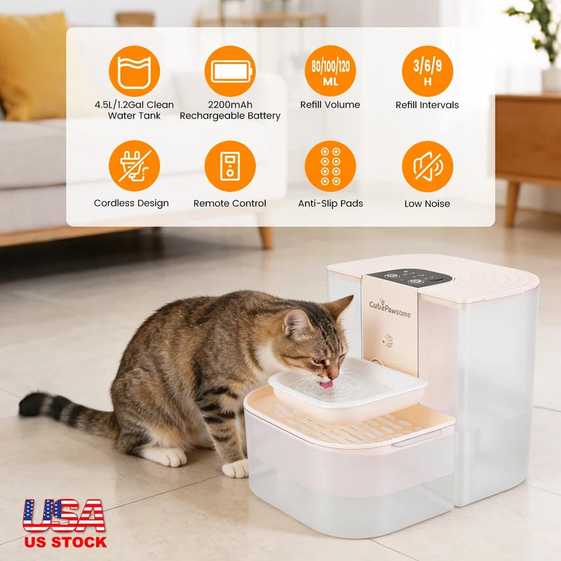 1Pc Smart Pet Water Fountain Automatic Cat Water Dispenser 4.5L Cordless Rechargeable Dog Water Fountain Self-Refill With 3 Adjustable Volume 3 Time Intervals Remote Control Cleaning Brush