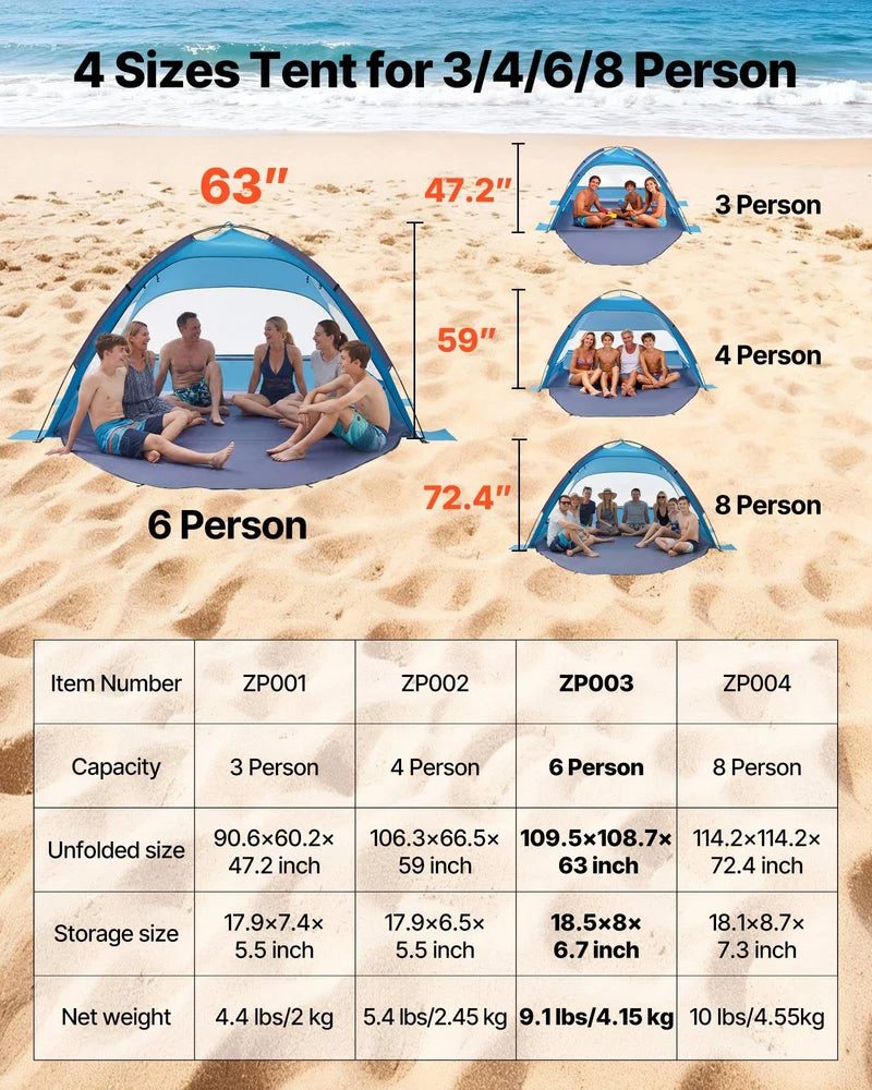 Beach Tent Sun Shelter For 6 Person, UPF 50+ Protection, Portable Sun Shade Canopy With Carrying Bag & Sand Pockets, Lightweight And Easy Setup Beach Umbrella For Camping Fishing Outdoor Picnic