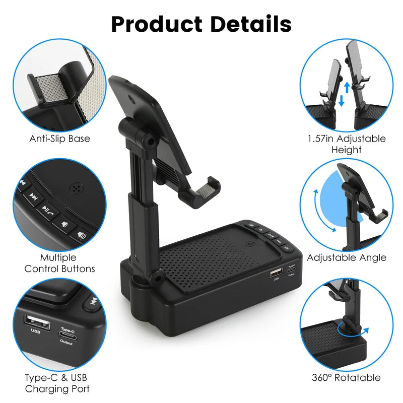 1Pc Cell Phone Stand With HD Surround Wireless Speaker Power Bank Portable Foldable Charging Phone Stand With Anti Slip Base Compatible With Phone Tablet For Home Office Outdoor