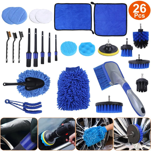 26Pcs Car Detailing Brush Kit Exterior Interior Car Cleaning Set Drill Brush Set Car Buffing Sponge